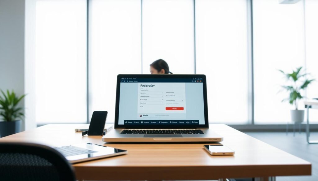 A brightly lit office interior, with a modern, minimalist desk setup in the foreground. On the desk, a laptop, a tablet, and a smartphone are arranged neatly, suggesting the digital nature of the online registration process. In the middle ground, a person is seated at the desk, intently focused on the screen, navigating through the various steps of the online registration interface. The background features a large window, allowing natural light to flood the space and creating a sense of openness and transparency. The overall atmosphere is calm, professional, and efficient, reflecting the streamlined nature of the online registration system.