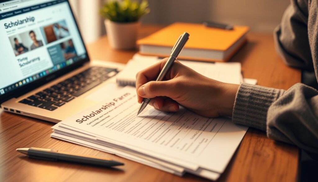 A close-up shot of a person's hands carefully filling out a scholarship application form on a wooden desk, surrounded by a stack of documents, a pen, and a laptop displaying a webpage with scholarship information. The scene is illuminated by warm, diffused lighting, creating a focused and serious atmosphere. The shallow depth of field blurs the background, emphasizing the application process as the central focus. The overall composition conveys the diligence and attention to detail required in the scholarship selection process.