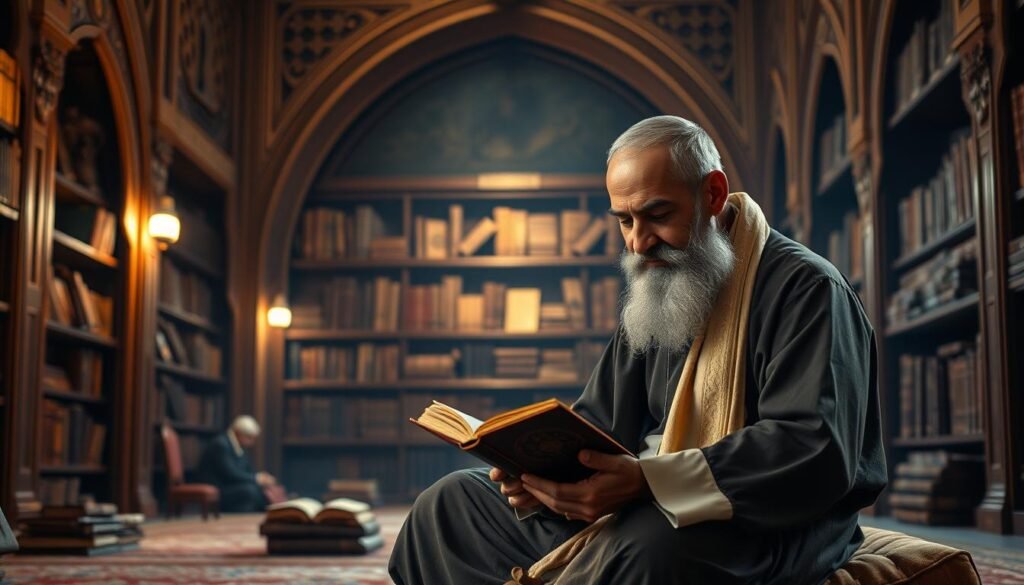 A dimly lit, ornate library interior with intricate wooden bookshelves and ornate archways. In the foreground, a middle-aged man with a long beard and robed in traditional Islamic attire sits cross-legged on a plush cushion, intently studying an ancient leather-bound manuscript. Soft, warm lighting illuminates his focused expression, casting subtle shadows across his face. In the middle ground, shelves hold a collection of antique books and scrolls, their spines and covers hinting at centuries of accumulated wisdom. The background is hazy, with hints of other scholars and thinkers engaged in deep contemplation, the atmosphere imbued with a sense of timeless scholarship and piety.