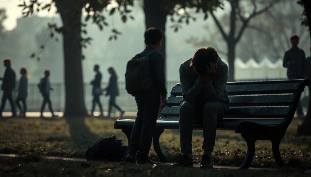 A distraught teenager sits hunched on a park bench, head in hands, as a worried parent stands nearby, offering a comforting embrace. The scene is bathed in a somber, muted light, casting long shadows that mirror the psychological weight of the situation. In the background, blurred silhouettes of other concerned parents and students suggest a larger societal impact. The image conveys the emotional turmoil and sense of uncertainty faced by those affected by the challenges of the school selection process, capturing the human toll of the "kisruh SPMB" in a thought-provoking and visually compelling manner.