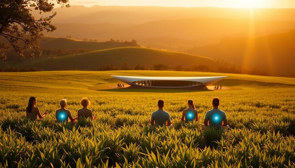 A lush, verdant field bathed in warm, golden sunlight. In the foreground, a group of individuals seated in a meditative pose, their auras emanating a soft, ethereal glow. The middle ground features a modern, yet serene structure - a canoe-shaped building with clean, minimalist lines, blending seamlessly with the natural landscape. In the background, rolling hills and a distant horizon, evoking a sense of tranquility and connection with the natural world. The scene is captured through a wide-angle lens, creating a panoramic, immersive view. The overall mood is one of harmony, introspection, and the integration of the spiritual and the material.