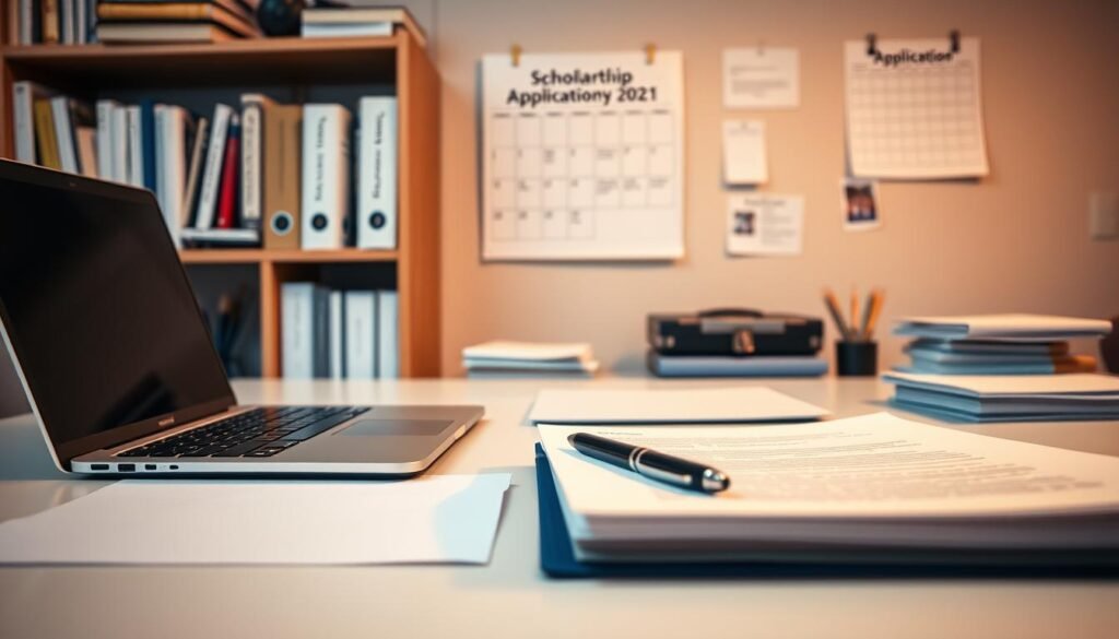 A neatly organized office desk with a laptop, pen, and papers arranged in a clean, professional manner. In the background, a bookshelf filled with reference materials and a calendar on the wall, indicating the application deadline. Soft, warm lighting illuminates the scene, creating a focused and productive atmosphere. The overall composition conveys a sense of efficiency and attention to detail, mirroring the structured process of scholarship application.