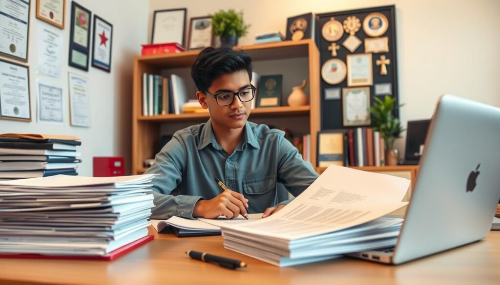 A neatly organized office scene, with a student sitting at a desk, surrounded by stacks of documents, a laptop, and a pen. The lighting is soft and warm, creating a focused and studious atmosphere. In the background, a bookshelf and a wall display showcase various certificates and awards, hinting at the academic rigor of the scholarship application process. The student's expression is one of concentration, as they carefully review the paperwork in front of them, meticulously following the steps of the scholarship registration process.