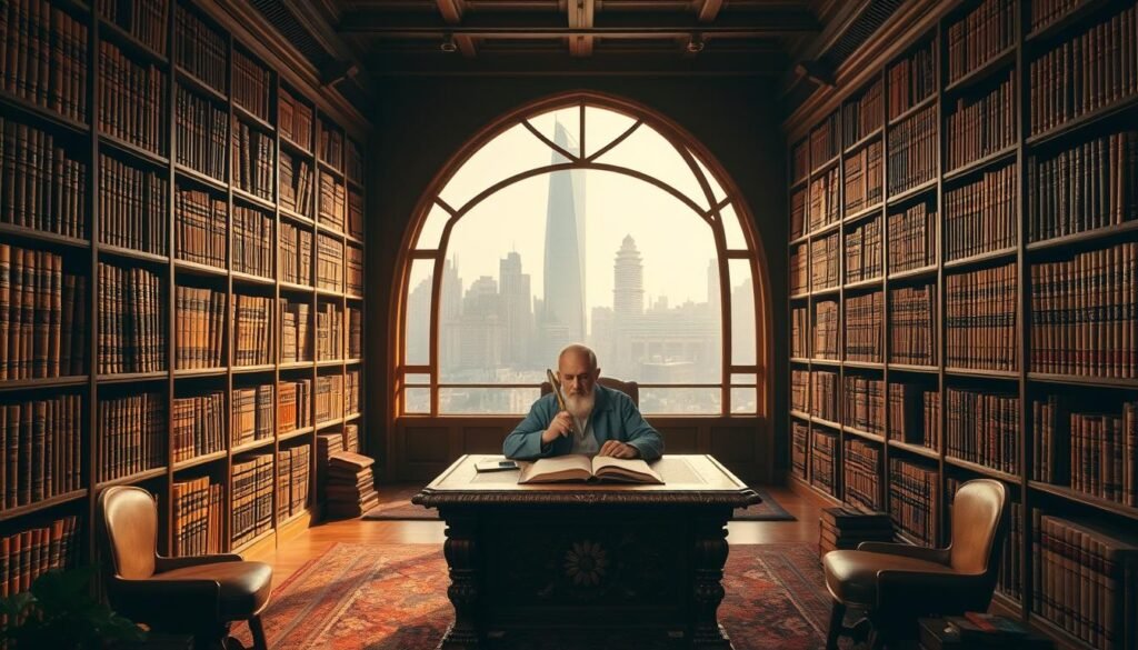 A serene library interior, with rows of ancient leather-bound books lining the shelves. Soft, warm lighting casts a contemplative glow, inviting deep contemplation. In the center, a large ornate desk where a scholar sits, deep in thought, a quill in hand. Behind him, a large window offers a view of a bustling modern cityscape, symbolizing the timeless relevance of Imam Ahmad bin Hanbal's teachings. The scene conveys a sense of timelessness, where the wisdom of the past meets the challenges of the present.