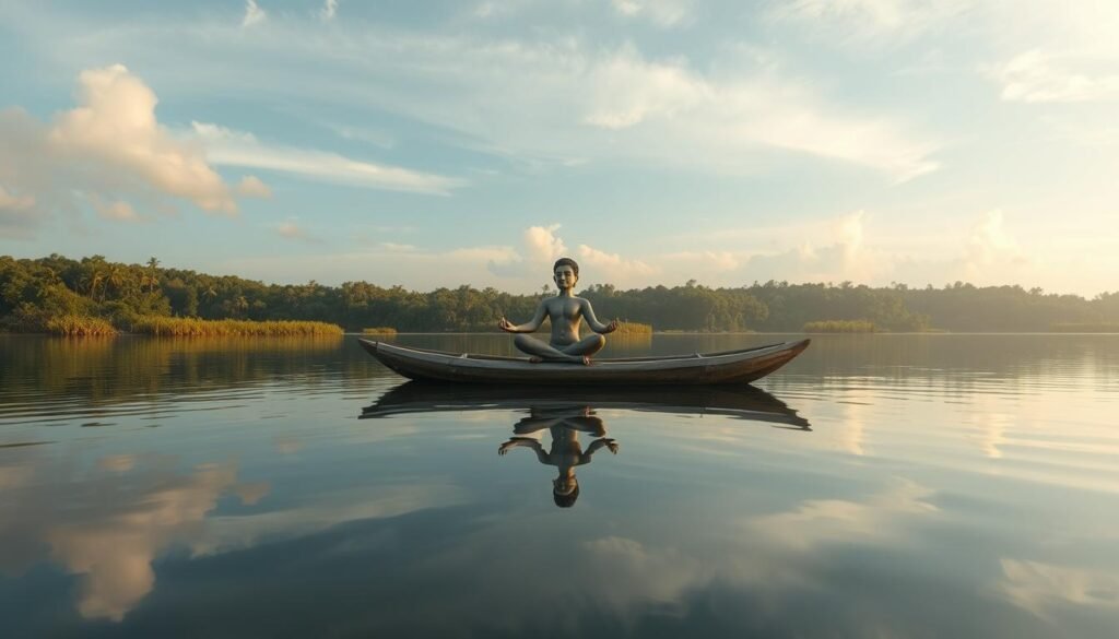 A serene, tranquil scene of a modern interpretation of the "anak-coki" figure meditating on a canoe drifting on a calm, mirror-like lake. The figure sits cross-legged, eyes closed, emanating a peaceful, meditative aura. The canoe is crafted from natural materials, blending seamlessly with the lush, verdant shoreline in the background. Soft, diffused sunlight filters through wispy clouds, casting a warm, golden glow over the entire scene. The water's surface reflects the serene landscape, creating a sense of harmony and balance. The overall atmosphere evokes a deep connection with nature and the spiritual practice of mindfulness.