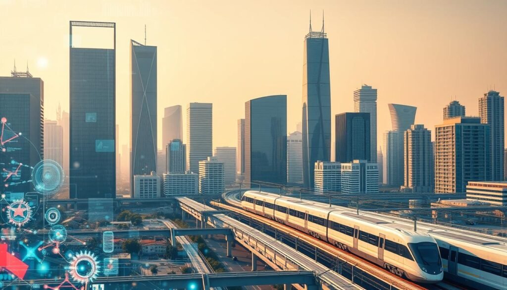 A sleek, modern city skyline reflecting the technological advancements of regional autonomy. In the foreground, a network of holographic displays and digital interfaces showcase real-time data and interactive municipal services. Towering skyscrapers with clean, minimalist architecture stand tall in the middle ground, their façades adorned with integrated solar panels and smart-city sensors. In the background, a futuristic transportation system of autonomous electric vehicles and high-speed rail glides seamlessly through the urban landscape, powered by renewable energy sources. The scene is bathed in a warm, golden light, conveying a sense of progress, efficiency, and innovative governance. An atmosphere of techno-optimism and civic pride permeates the image, reflecting the transformative role of technology in empowering regional autonomy.