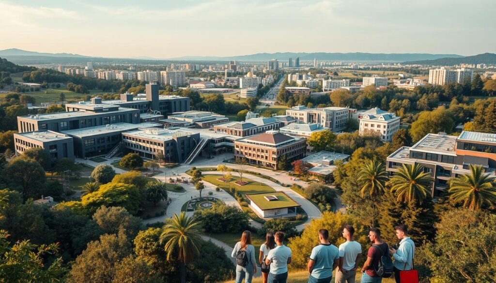 A sprawling academic campus nestled amid lush greenery, its modern architecture and abundant outdoor spaces reflecting a vision for sustainable, long-term educational solutions. In the foreground, a group of students and educators engage in animated discussion, highlighting the collaborative nature of this institution. The mid-ground showcases state-of-the-art facilities, from cutting-edge laboratories to flexible learning environments. In the background, a vibrant, well-connected urban setting provides the backdrop, underscoring the institution's integration with the broader community. Warm, diffused lighting captures the sense of possibility and optimism, while a wide-angle lens emphasizes the scale and scope of this comprehensive, future-focused educational ecosystem.