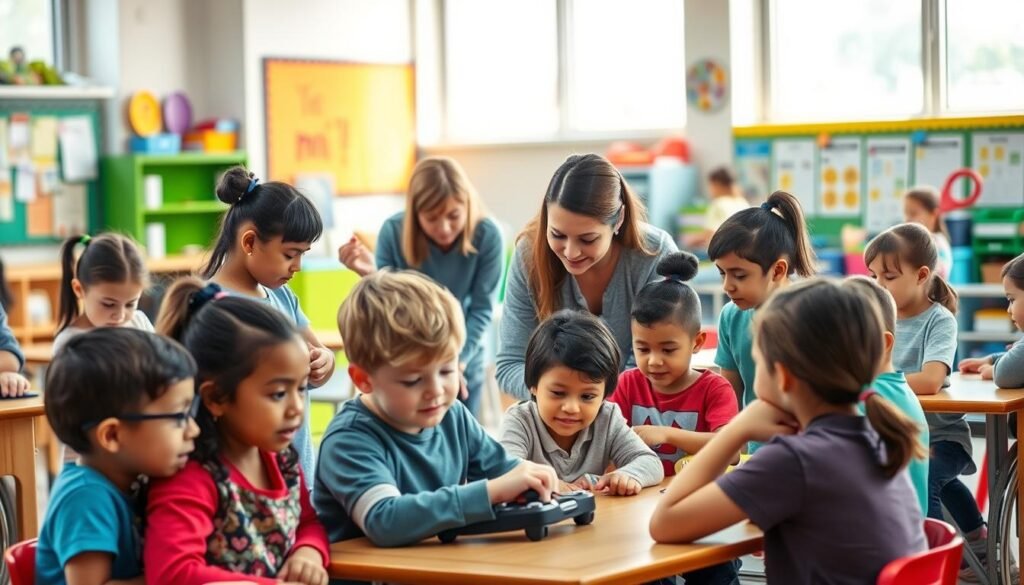 A vibrant, inclusive classroom setting with a diverse group of students and teachers collaborating harmoniously. In the foreground, children of varying abilities engage in hands-on learning activities, their faces lit by warm, natural lighting filtering through large windows. In the middle ground, a teacher in casual attire assists a student using a specialized assistive device, while others work together in small groups. The background features colorful, motivational wall displays and educational resources, creating a welcoming, stimulating environment that caters to the unique needs of all learners. The overall scene conveys a sense of acceptance, empowerment, and a celebration of individual differences, embodying the essence of inclusive education.