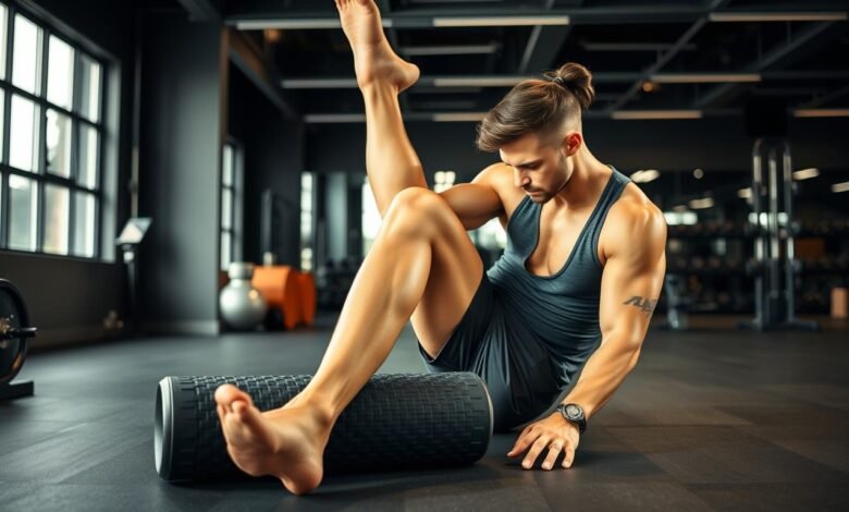 Atlet melakukan stretching dan foam rolling setelah latihan berat sebagai strategi recovery