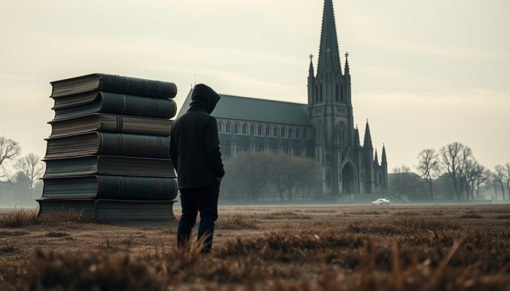 A serene and contemplative scene depicting the concept of "Asas Praduga Rechtmatig". In the foreground, a solitary figure stands amidst a tranquil landscape, their face obscured, symbolizing the ambiguity and complexities surrounding the legal principle. The middle ground features a series of stacked, antique-styled law books, their weathered covers hinting at the weight of jurisprudence. In the background, a towering, neo-gothic cathedral casts long shadows, evoking the solemn and authoritative nature of the legal system. Muted, earthy tones and soft, diffused lighting imbue the scene with a sense of gravity and contemplation, inviting the viewer to ponder the nuances and criticisms of "Asas Praduga Rechtmatig".