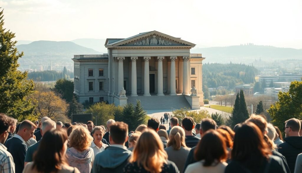A serene landscape with a majestic courthouse building standing tall, its grand architecture reflecting the principles of the rule of law and human rights. In the foreground, a group of people representing diverse backgrounds gather, their expressions conveying a sense of unity and respect for the fundamental freedoms enshrined in the law. Soft natural lighting filters through the scene, casting a warm, contemplative atmosphere. In the background, a peaceful cityscape stretches out, symbolizing the harmony between the legal system and the people it serves. The overall composition evokes the harmonious relationship between the presumption of lawfulness and the protection of human rights.