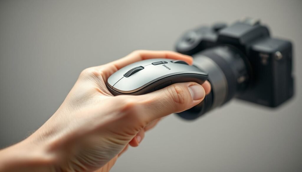 A detailed close-up shot of a wireless computer mouse being used as a remote control for a digital camera. The mouse is held in a hand against a blurred background, showcasing its ergonomic design and Bluetooth connectivity. Crisp and even lighting illuminates the scene, highlighting the sleek metallic finish of the mouse and the subtle textures of the user's skin. The composition emphasizes the seamless integration of the mouse as a versatile camera remote, with a sense of effortless functionality and precision. The overall mood is one of technological harmony and the user's command over their photographic workflow.