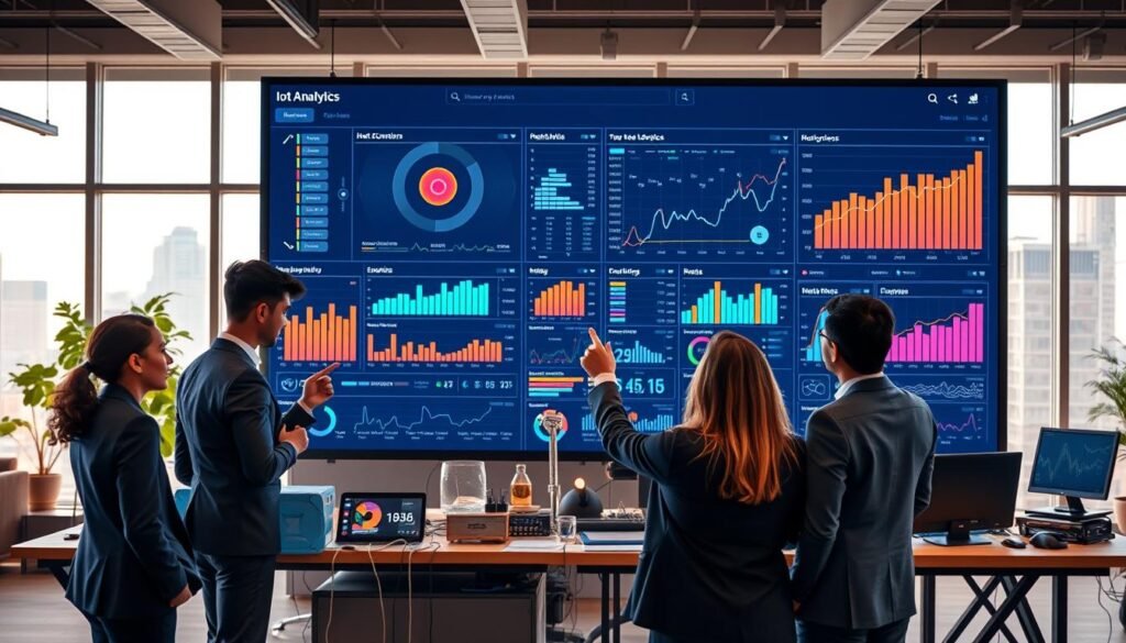 A dynamic digital workspace focused on IoT analytics, featuring a large screen displaying colorful data visualizations and graphs, representing real-time data flow and processing. In the foreground, a diverse team of professionals in business attire engages with the data, pointing at specific trends and insights. The middle layer shows various IoT devices like smart sensors and connected devices, subtly integrated into the workspace. The background illustrates a modern office with soft ambient lighting, large windows bringing in natural light, and high-tech gadgets. The atmosphere is collaborative and innovative, conveying a sense of urgency and importance in managing vast data streams generated by IoT. The composition should be well-lit, showcasing sharp details with a warm color palette for a professional yet inviting mood. A dynamic digital workspace focused on IoT analytics, featuring a large screen displaying colorful data visualizations and graphs, representing real-time data flow and processing. In the foreground, a diverse team of professionals in business attire engages with the data, pointing at specific trends and insights. The middle layer shows various IoT devices like smart sensors and connected devices, subtly integrated into the workspace. The background illustrates a modern office with soft ambient lighting, large windows bringing in natural light, and high-tech gadgets. The atmosphere is collaborative and innovative, conveying a sense of urgency and importance in managing vast data streams generated by IoT. The composition should be well-lit, showcasing sharp details with a warm color palette for a professional yet inviting mood.