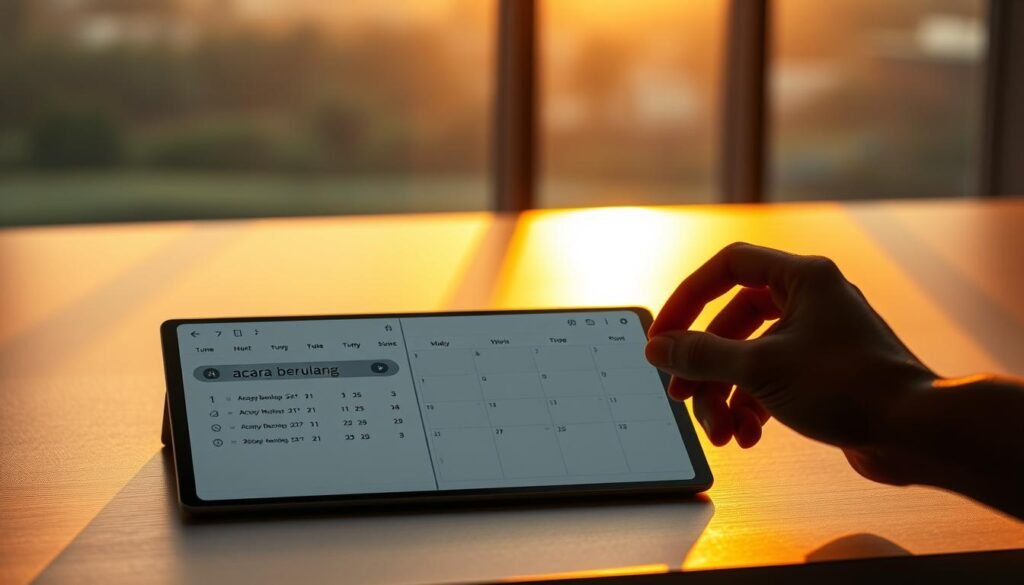 A serene workspace with a calendar open on a sleek, minimalist desk. Warm, diffused lighting illuminates the scene, casting soft shadows. In the foreground, a hand hovers over a digital reminder, setting a recurring event labeled "acara berulang". The calendar interface displays upcoming scheduled activities in a clean, organized layout. The background features a blurred, tranquil landscape visible through a large window, conveying a sense of focus and productivity. The overall mood is one of efficiency and control over one's daily routine.
