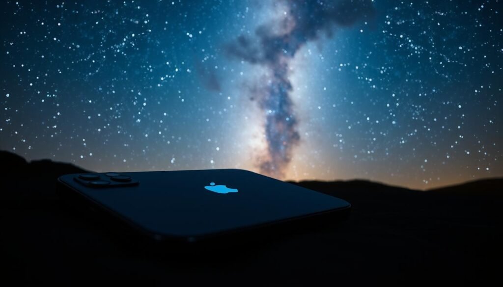 A sleek iPhone 15 lies prominently in the foreground, showcasing its advanced camera capabilities with a sparkling starry night sky in the background. The iPhone is angled to highlight its lens as a soft glow from the device illuminates the scene. In the middle ground, a breathtaking view of the Milky Way stretches across the sky, with numerous stars twinkling brightly, creating a serene and awe-inspiring atmosphere. The lighting is dynamic, combining deep blues and soft whites, enhancing the cosmic effect while subtly emphasizing the iPhone's sophisticated stabilizing technology. The scene captures a tranquil moment of star photography, inviting viewers to explore the wonders of capturing stunning images without a tripod in just five seconds.