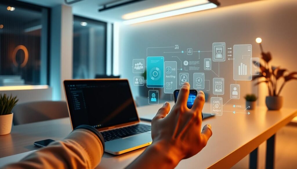 A sleek, modern office workspace with a laptop, smartphone, and various digital devices seamlessly integrated through intuitive software interfaces. The scene is bathed in warm, soft lighting, conveying a sense of productivity and efficiency. In the foreground, a user's hand interacts with a holographic display, demonstrating the effortless integration of different applications and automation tools. The background features a minimalist, clean design with subtle hints of technological advancement, such as ambient lighting and futuristic architectural elements. The overall atmosphere evokes a harmonious balance between human and machine, highlighting the power of integrated digital solutions to enhance personal and professional productivity.