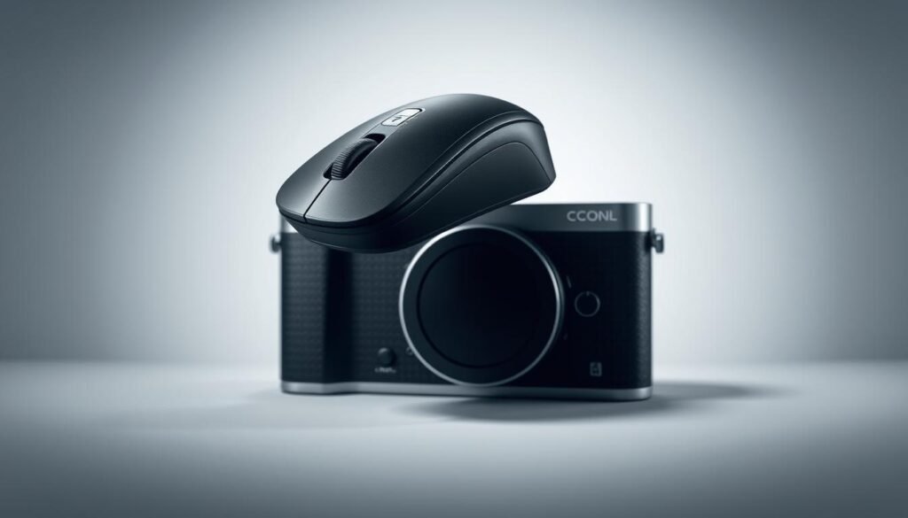 A sophisticated camera control interface featuring a Bluetooth mouse as the main input device. The mouse hovers over a sleek, minimalist camera body rendered in matte black and silver with clean lines and a modern aesthetic. Soft, diffused lighting illuminates the scene, casting subtle shadows that accentuate the camera's form. The mouse cursor is visible, indicating interactivity and precise control over the camera's settings and functions. The overall atmosphere conveys a sense of technological elegance and streamlined, intuitive camera management.