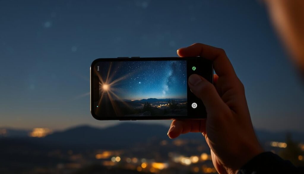 A stunning night photography scene showcasing the iPhone 15's Starlight mode in action. In the foreground, a person elegantly holding an iPhone 15, capturing a breathtaking shot of a star-lit sky. The phone’s camera lens is illuminated, reflecting the soft light of nearby city lights, enhancing the mood of late-night exploration. In the middle ground, a picturesque view of a night sky filled with vibrant stars and a faint silhouette of trees or a mountain range. The background should feature a subtle cityscape with twinkling lights, giving a sense of depth. The scene is bathed in soft, natural illumination, suggesting a serene yet thrilling atmosphere, emphasizing the magic of low-light photography.