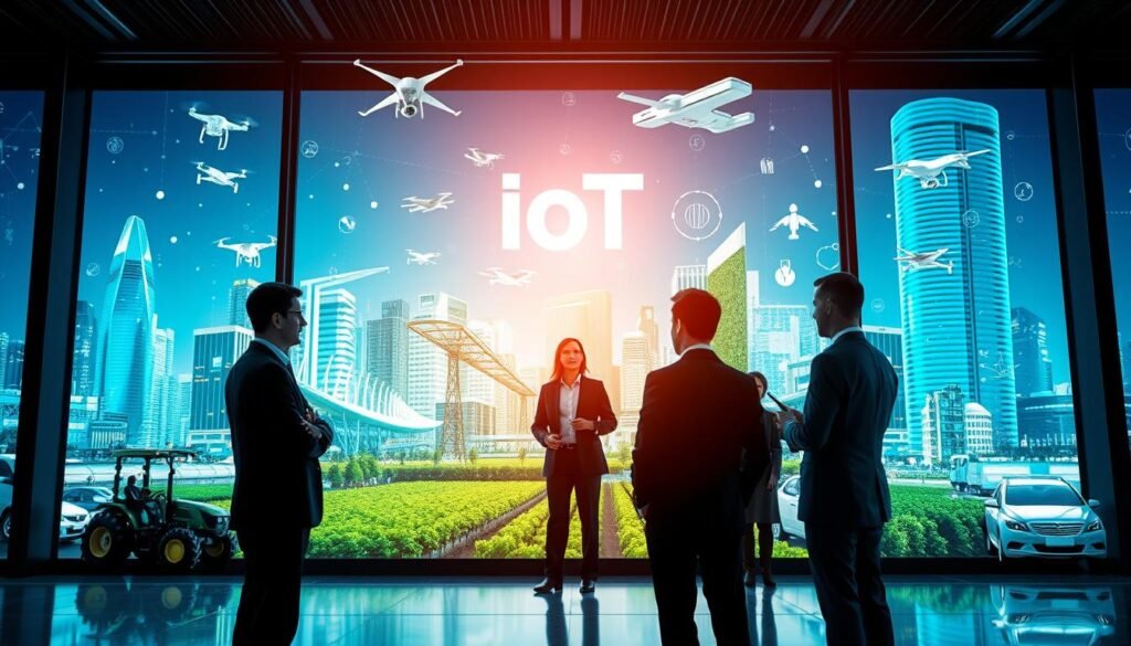 A vibrant and dynamic representation of IoT implementation across various sectors, showcasing a futuristic cityscape in the background with interconnected smart devices, like sensors and drones. In the foreground, a conference room setting displays business professionals, including men and women in professional attire, discussing IoT applications. In the middle, various sectors such as agriculture, healthcare, and transportation are visually illustrated with technology elements like automated tractors, health-monitoring devices, and connected vehicles. The lighting is bright and optimistic, highlighting innovation. Use a wide-angle lens to create depth, with a clear focus on the professionals and the technology around them, conveying a sense of collaboration and progression in the IoT landscape. A vibrant and dynamic representation of IoT implementation across various sectors, showcasing a futuristic cityscape in the background with interconnected smart devices, like sensors and drones. In the foreground, a conference room setting displays business professionals, including men and women in professional attire, discussing IoT applications. In the middle, various sectors such as agriculture, healthcare, and transportation are visually illustrated with technology elements like automated tractors, health-monitoring devices, and connected vehicles. The lighting is bright and optimistic, highlighting innovation. Use a wide-angle lens to create depth, with a clear focus on the professionals and the technology around them, conveying a sense of collaboration and progression in the IoT landscape.