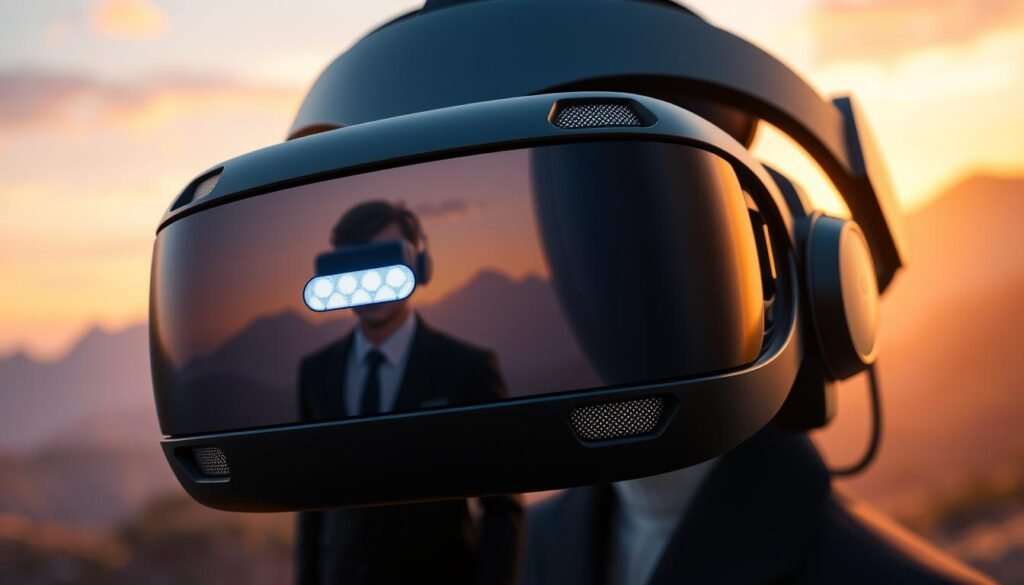 A close-up view of the PSVR2 headset showcasing its advanced eye-tracking technology. The foreground features a sleek, modern PSVR2 headset with intricate details on the eye-tracking components, like sensors and lenses, glimmering under soft lighting. In the middle ground, a blurred figure of a gamer in professional attire, wearing the headset, captures an immersive moment, their eyes focused and engaged. The background illustrates a vibrant, virtual landscape inspired by Horizon Call of the Mountain, with lush mountains and a sunset sky, adding depth and context to the scene. Subtle lighting highlights the headset’s design and reflects a sense of cutting-edge innovation. The overall mood is immersive and futuristic, inviting viewers to envision the game experience.