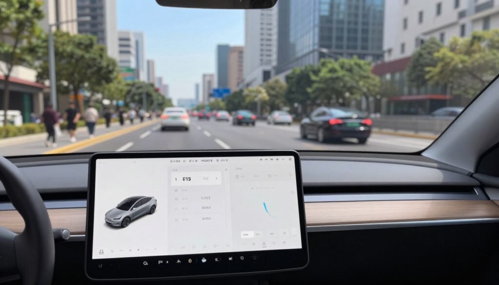 A high-tech electric vehicle navigating an urban street, showcasing its advanced autonomous driving features. In the foreground, a close-up of the sleek, modern dashboard displaying real-time data and interface of the Tesla FSD V13. The middle ground features a slightly blurred view of the cityscape with pedestrians and traffic, emphasizing safe driving conditions. In the background, an expansive skyline under a bright, clear blue sky suggests an ideal driving environment. The scene is illuminated with soft, natural lighting, creating a feeling of innovation and sophistication. The mood is dynamic yet safe, reflecting the excitement and potential of autonomous technology, while capturing a sense of responsibility and awareness in urban driving.