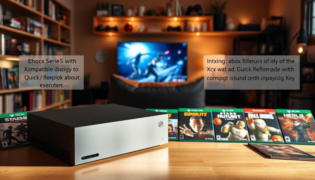 A sleek Xbox Series X console is prominently displayed in the foreground, illuminated by soft, focused lighting that highlights its modern design. Surrounding the console, a variety of popular games are arranged, showcasing their covers to emphasize compatibility and the Quick Resume feature, with some titles visibly annotated to suggest performance issues. In the middle ground, a cozy gaming setup is visible, featuring a comfortable chair and a large, vibrant screen displaying an in-game scene with dynamic action. The background includes blurred elements of a gaming room, such as shelves filled with games and gaming accessories, creating an immersive atmosphere. The overall mood reflects excitement and innovation in gaming, with warm tones that invite the viewer into the world of Xbox gaming. A sleek Xbox Series X console is prominently displayed in the foreground, illuminated by soft, focused lighting that highlights its modern design. Surrounding the console, a variety of popular games are arranged, showcasing their covers to emphasize compatibility and the Quick Resume feature, with some titles visibly annotated to suggest performance issues. In the middle ground, a cozy gaming setup is visible, featuring a comfortable chair and a large, vibrant screen displaying an in-game scene with dynamic action. The background includes blurred elements of a gaming room, such as shelves filled with games and gaming accessories, creating an immersive atmosphere. The overall mood reflects excitement and innovation in gaming, with warm tones that invite the viewer into the world of Xbox gaming.