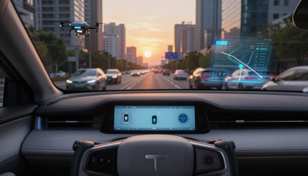 A sleek, modern electric vehicle, prominently displaying a high-tech dashboard with a digital interface showcasing software updates for autonomous driving, is the focal point in the foreground. The middle ground features a cityscape with busy streets symbolizing the evolving urban environment where autonomous vehicles operate. Drones and digital overlays display real-time data on traffic and navigation in the air. The background shows a sunset casting a warm glow over the city, emphasizing innovation in mobility. The lighting is dynamic, with soft glows emanating from the car's dashboard, enhancing the futuristic atmosphere. The mood is one of anticipation and progress, capturing the essence of software advancements in self-driving technology without any human figures.