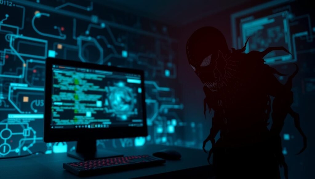 A visually striking representation of computer malware, embodying its threatening presence. In the foreground, a dark, menacing figure representing malware, formed from abstract shapes of code and binary digits, looms ominously. The middle ground features a computer screen displaying glitchy, distorted images, symbolizing the chaos caused by malware. In the background, a shadowy digital landscape filled with swirling data streams and fragmented icons evokes a sense of danger and urgency. The lighting is dim and eerie, with cool blue and green tones to emphasize a high-tech atmosphere. The perspective is slightly angled, lending depth to the scene, creating a mood of apprehension and vulnerability, highlighting the invisible menace lurking in cyberspace. A visually striking representation of computer malware, embodying its threatening presence. In the foreground, a dark, menacing figure representing malware, formed from abstract shapes of code and binary digits, looms ominously. The middle ground features a computer screen displaying glitchy, distorted images, symbolizing the chaos caused by malware. In the background, a shadowy digital landscape filled with swirling data streams and fragmented icons evokes a sense of danger and urgency. The lighting is dim and eerie, with cool blue and green tones to emphasize a high-tech atmosphere. The perspective is slightly angled, lending depth to the scene, creating a mood of apprehension and vulnerability, highlighting the invisible menace lurking in cyberspace.