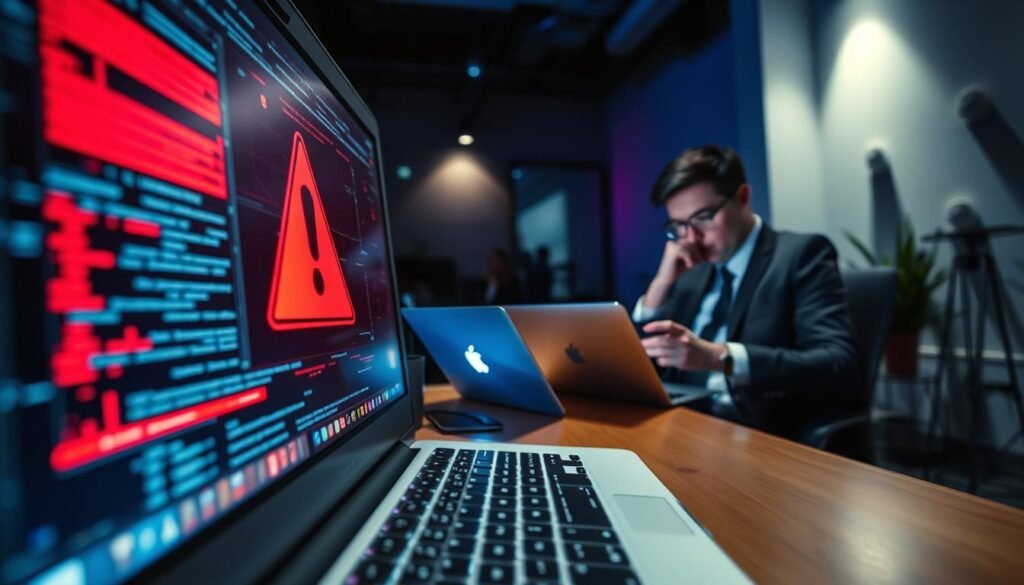 A visually striking representation of cyber attack indicators, focusing on a computer screen in the foreground displaying ominous warning signs, such as red alerts and glitch effects. In the middle ground, include an office environment with a professional individual in business attire, intently analyzing data on a laptop, showcasing an air of urgency and concern. The background features a dimly lit room to enhance the tension, with shadows cast across walls, hinting at unseen threats. Use subtle blue and red lighting to reflect a high-tech atmosphere. The camera angle should be slightly tilted, emphasizing the chaotic nature of cyber threats. Create a mood of vigilance and alertness, making the viewer feel the weight of potential danger. A visually striking representation of cyber attack indicators, focusing on a computer screen in the foreground displaying ominous warning signs, such as red alerts and glitch effects. In the middle ground, include an office environment with a professional individual in business attire, intently analyzing data on a laptop, showcasing an air of urgency and concern. The background features a dimly lit room to enhance the tension, with shadows cast across walls, hinting at unseen threats. Use subtle blue and red lighting to reflect a high-tech atmosphere. The camera angle should be slightly tilted, emphasizing the chaotic nature of cyber threats. Create a mood of vigilance and alertness, making the viewer feel the weight of potential danger.