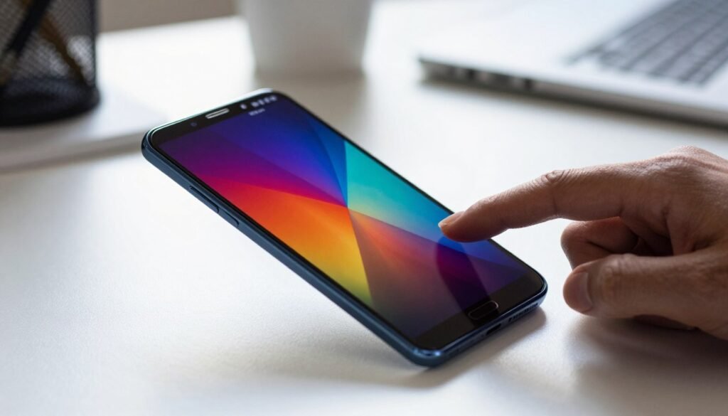A close-up view of a Samsung Galaxy smartphone featuring a vibrant Super AMOLED display, showcasing vivid colors and deep blacks. The phone is gently angled on a sleek, modern desk with soft natural light illuminating the screen, highlighting its clarity and detail. In the foreground, a hint of a hand, dressed in a professional attire, is gently touching the screen to demonstrate interactivity. In the middle ground, a subtle reflection of light adds depth, while in the background, blurred outlines of a contemporary workspace create a tech-savvy atmosphere. The overall mood conveys sophistication and innovation, capturing the essence of advanced smartphone technology. The image should be clean, with no text or distractions, focusing solely on the smartphone’s screen and design.