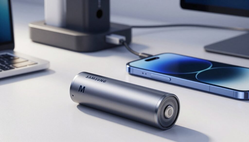 A large Samsung Galaxy M battery prominently displayed in the foreground, showcasing its sleek design and metallic finish. The battery should be highlighted, emphasizing its size and capacity with intricate details reflecting the brand's logo. In the middle ground, a modern smartphone environment with subtle hints of a tech workspace, including a charging station and accessories to create context. The background reveals soft-focus elements like charging cables and a sleek desk, enhancing the tech ambiance. Natural lighting streams in from the left, casting gentle shadows that add depth. The overall mood is bright, engaging, and tech-savvy, inviting the viewer to appreciate the essence of powerful battery life in smartphones. No text or distractions present.