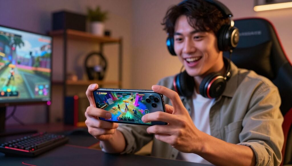 A modern, affordable smartphone showcased prominently in the foreground, displaying a vivid gaming interface with colorful graphics. The smartphone should have a sleek design, possibly in a metallic finish to emphasize its modernity and appeal for daily gaming. In the middle ground, a gaming enthusiast is seen, dressed in stylish yet casual attire, fully engaged in playing on the smartphone, with an expression of excitement and concentration. The background features a cozy gaming setup, with ambient lighting casting a warm glow that enhances the gaming atmosphere and invites the viewer into the scene. The scene is well-lit, capturing the dynamic interaction between the gamer and the device, shot from a slightly elevated angle to focus on both elements harmoniously. The overall mood is energetic and engaging, reflecting the joy of affordable mobile gaming.