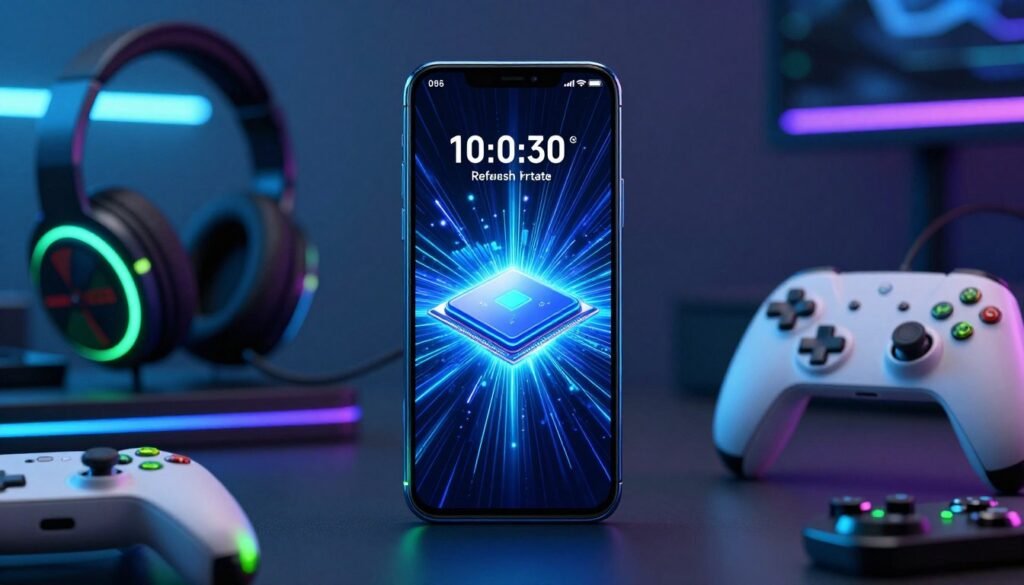 A sleek and futuristic smartphone designed for gaming takes center stage in a well-lit setting. The phone displays its impressive technical specifications, including a high refresh rate display and powerful processor, with vibrant graphics bursting from the screen. In the foreground, neon blue and green lights create a dynamic atmosphere, evoking a sense of excitement and innovation. The middle ground features subtle reflections of gaming accessories like a stylish headset and a game controller. The background is softly blurred, showcasing a modern gaming setup, complete with ambient LED lighting. The overall mood is energetic and tech-savvy, appealing to avid gamers seeking the best in smartphone performance for gaming. The composition should feel immersive, emphasizing both the smartphone's design and its gaming capabilities.